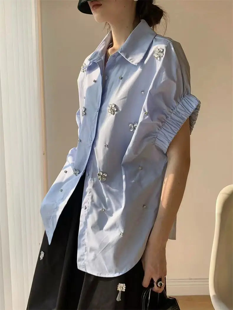 High-end Diamonds Stitch Loose Casual Cotton Short Sleeve Shirts Blouses Women 2025 Spring Summer Single Breasted Tops Blusas