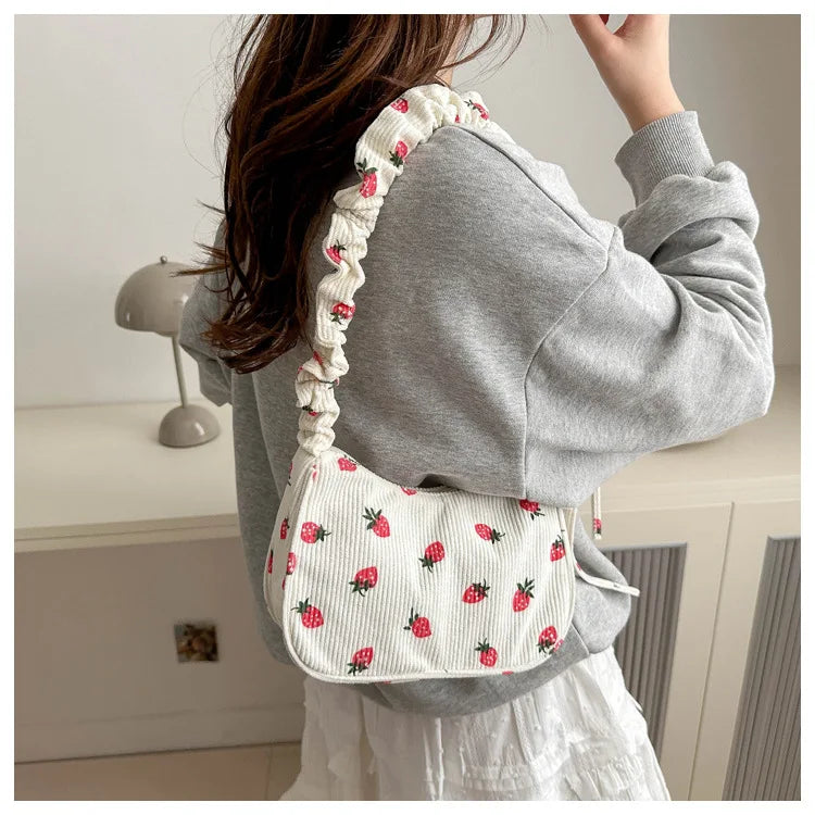 Women Small Underarm Bag Corduroy Handbag Cute Strawberry Print Little Tote Half Moon Design Eco Cloth Purse Mini Shoulder Bags