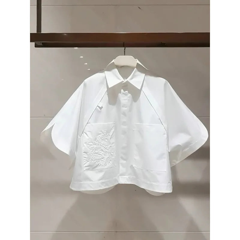 HOT Summer Short Flip Collar Half Sleeve Embroidered Short Sleeve Loose White Bat Sleeve White Shirt for Women Top