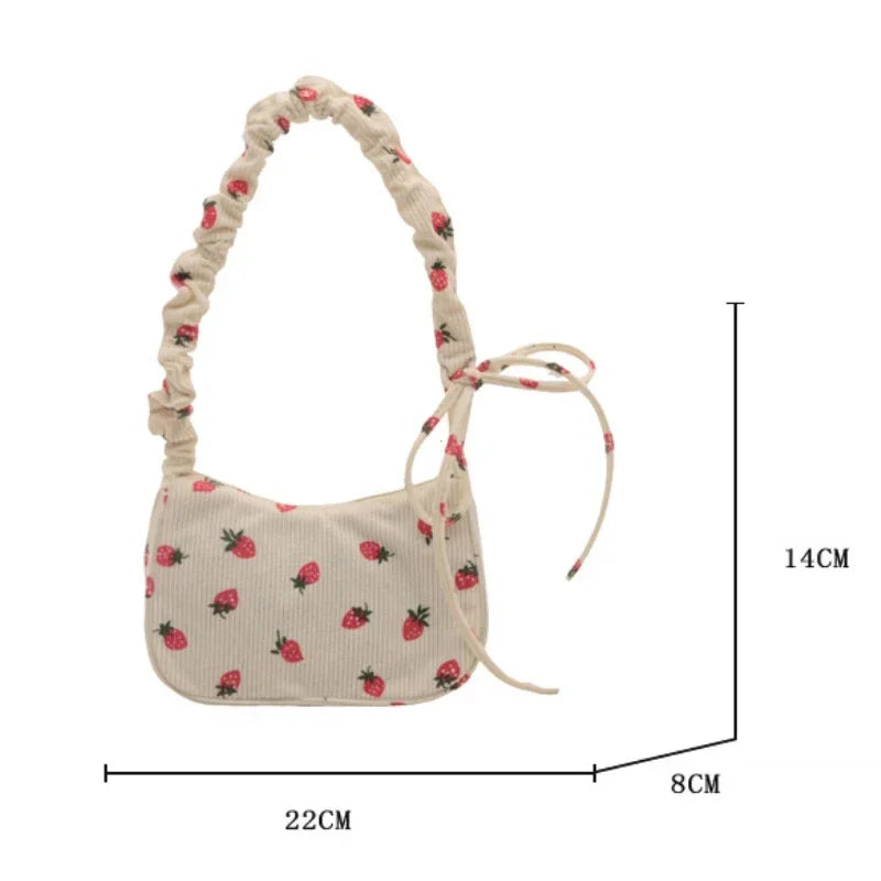 Women Small Underarm Bag Corduroy Handbag Cute Strawberry Print Little Tote Half Moon Design Eco Cloth Purse Mini Shoulder Bags