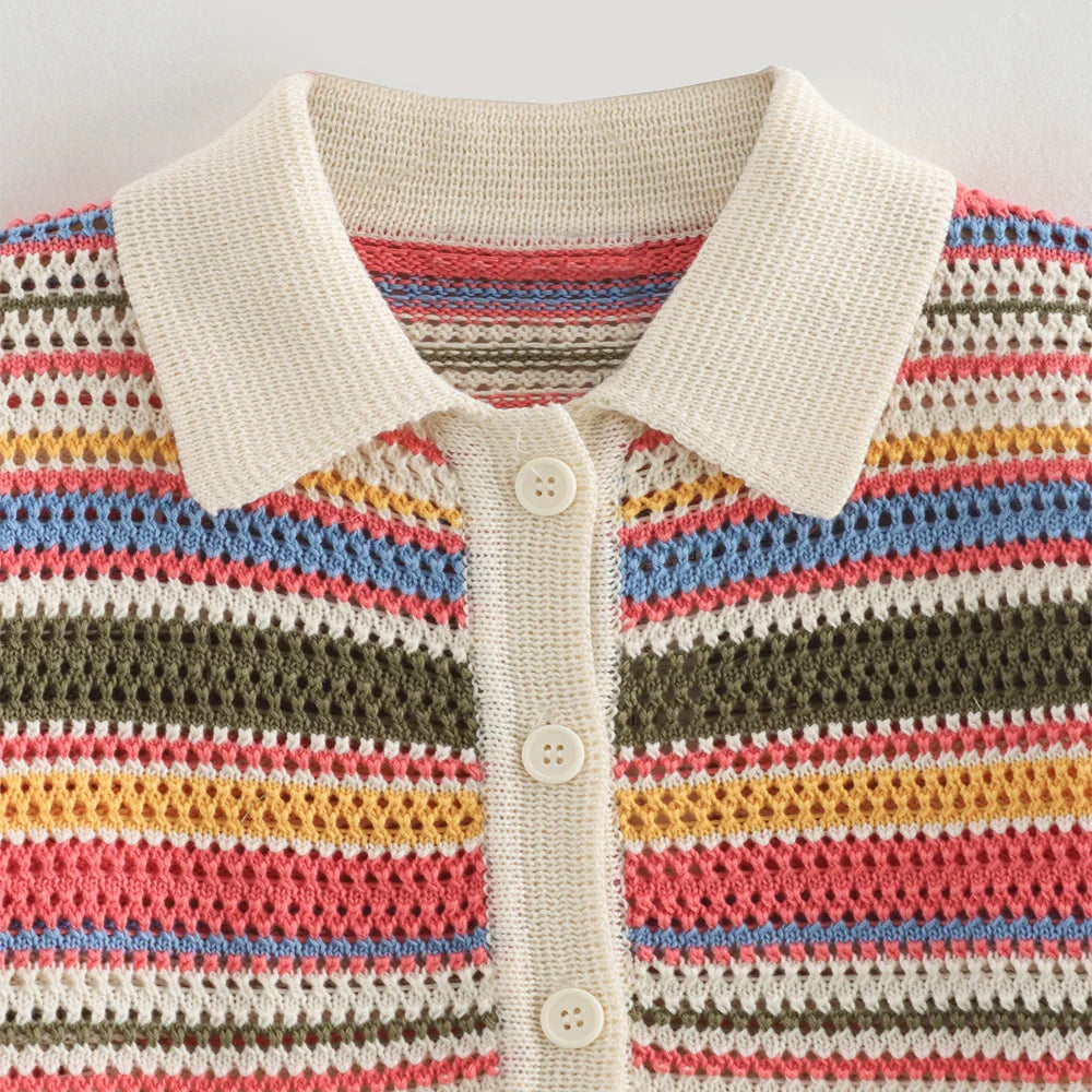 Orange Green Purple Polo Collar Single Breasted Short Sleeves Top Elastic Waist Short Pants Women Striped Suit Set ZATAF Spring