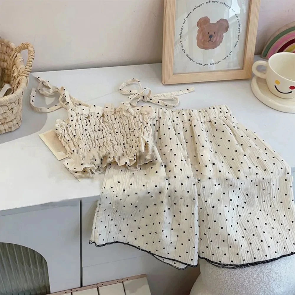 Bear Leader Girls Suit Summer 2023 New Korean Version of The Short-sleeved Bubble Sleeve Shirt + Wide-legged Pants Girls Suit