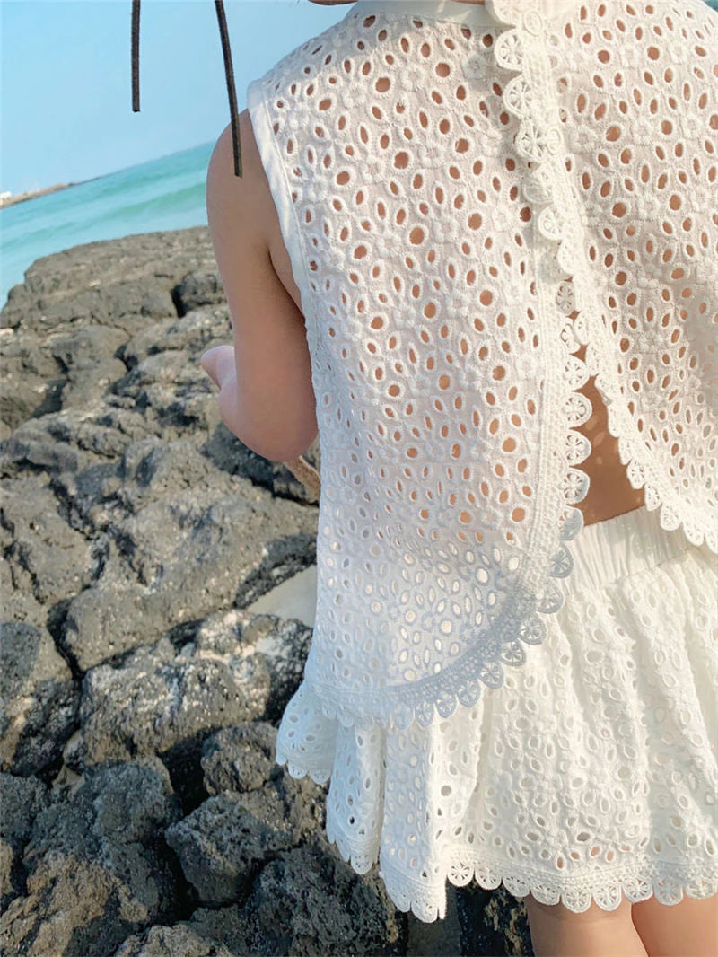 Girls 2022 Summer Clothing Sets Hollow Lace Suit Baby Casual Sleeveless T-shirt+Shorts Kids Clothing Sets Baby Clothes Outfits