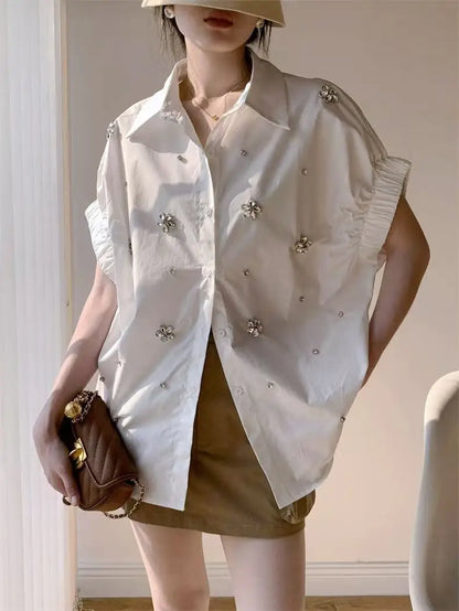 High-end Diamonds Stitch Loose Casual Cotton Short Sleeve Shirts Blouses Women 2025 Spring Summer Single Breasted Tops Blusas