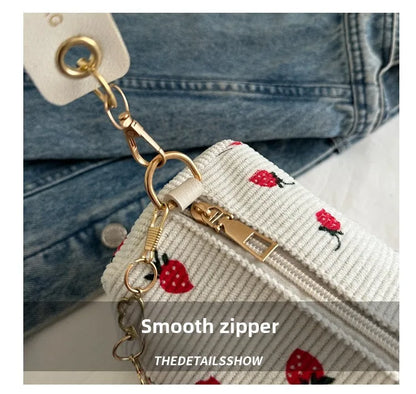 Women Small Underarm Bag Corduroy Handbag Cute Strawberry Print Little Tote Half Moon Design Eco Cloth Purse Mini Shoulder Bags