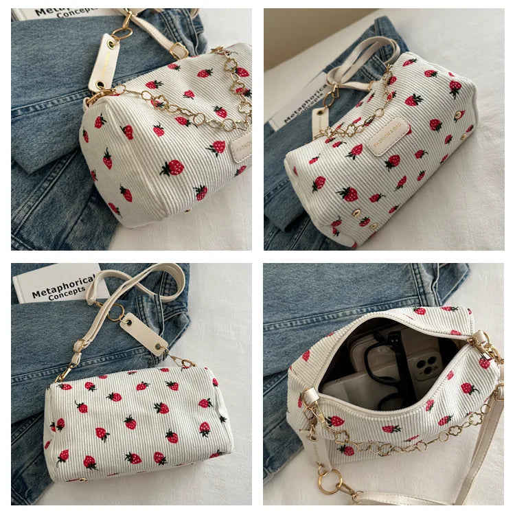 Women Small Underarm Bag Corduroy Handbag Cute Strawberry Print Little Tote Half Moon Design Eco Cloth Purse Mini Shoulder Bags