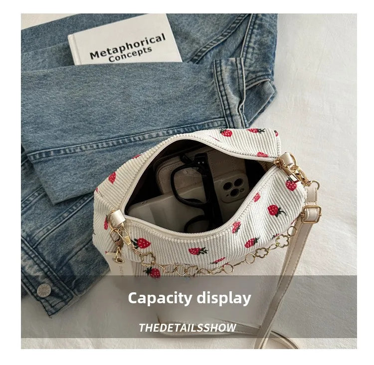 Women Small Underarm Bag Corduroy Handbag Cute Strawberry Print Little Tote Half Moon Design Eco Cloth Purse Mini Shoulder Bags