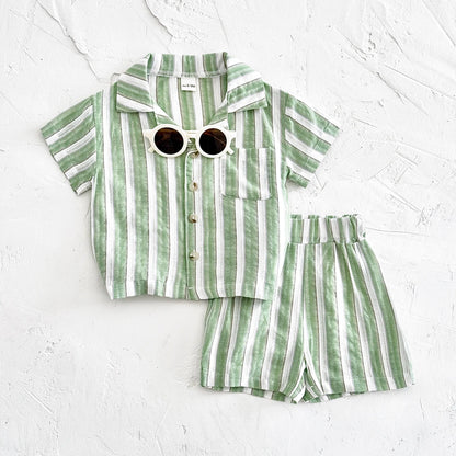 2Pcs Set Newborn Baby Boy Girl Striped Lapel Button Up Shirt Top+Shorts Summer Infant Toddler Outfit Sweatshirt Kids Clothes