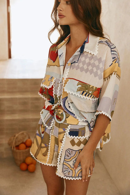 Summer Printed Ruffle Two Piece Set Women Fashion Casual Patchwork Holiday Trendy Pocket Button Tops And Mini Skirt 2 Piece Sets